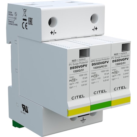 Citel Surge Protection Device, 1500V, 3 Poles, 2 Wires DS50VGPVS-1500G/51
